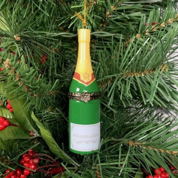 Champagne Bottle Porcelain Hinged Surprise Gift Trinket Box Christmas Ornament - Picture 1 of 4